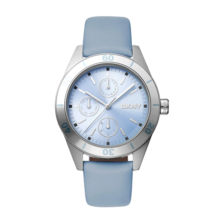 Дамски часовник DKNY Nolita Sport – небесносин мултифункционален циферблат и синя кожена каишка, модел DK1L028L0015
