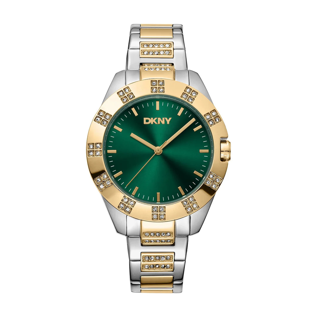 Дамски часовник DKNY Park Ave Glitz, двуцветна стомана, зелен циферблат и кристален безел – часовник DKNY модел DK1L019M0065