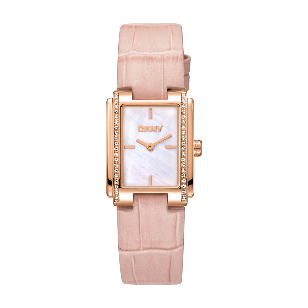 Дамски часовник DKNY, правоъгълен 23×30 мм, розовозлатист корпус, седефен циферблат и розова кожена каишка – модел DK1L122L0025