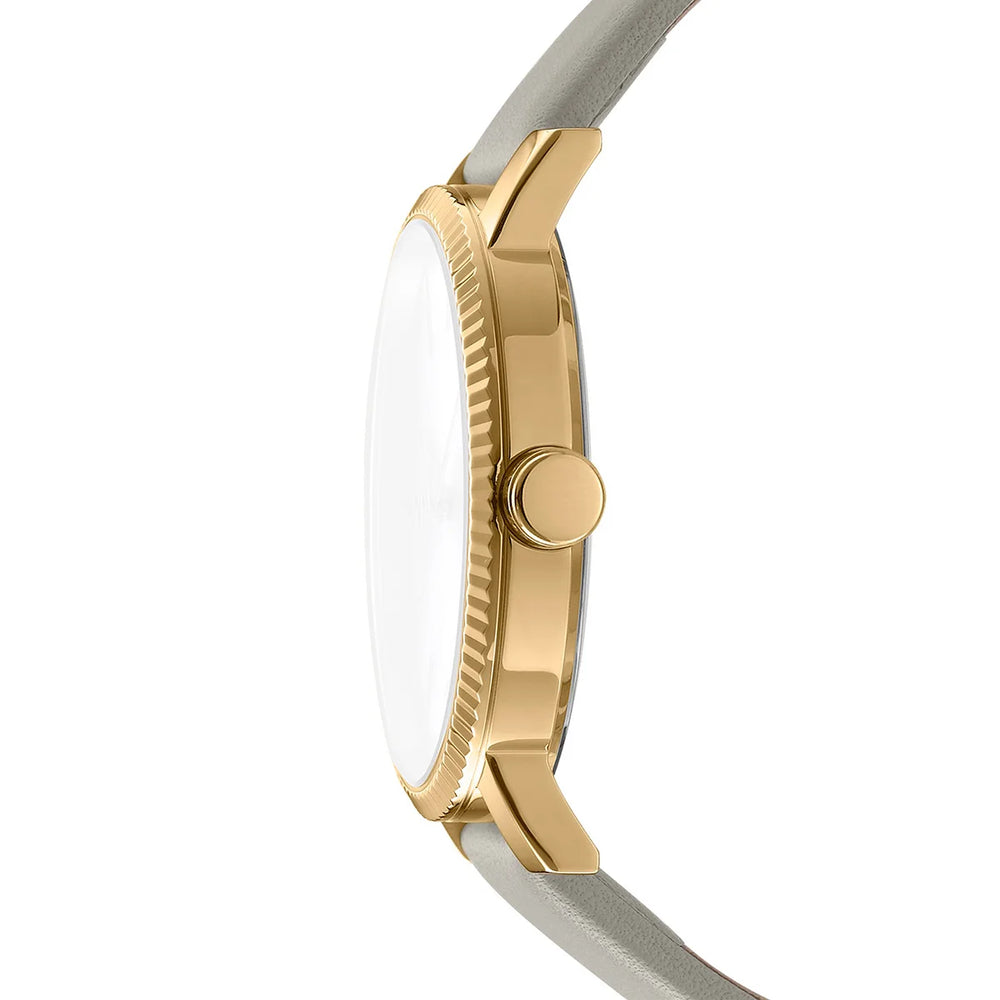 Дамски часовник DKNY Soho Maxi – страничен профил с гофриран безел и златист корпус, модел DK1L034L0025