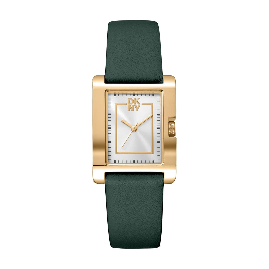 Дамски часовник DKNY Westside Midi със златист правоъгълен корпус и сребрист циферблат, зелена кожена каишка – модел DK1L007L0025