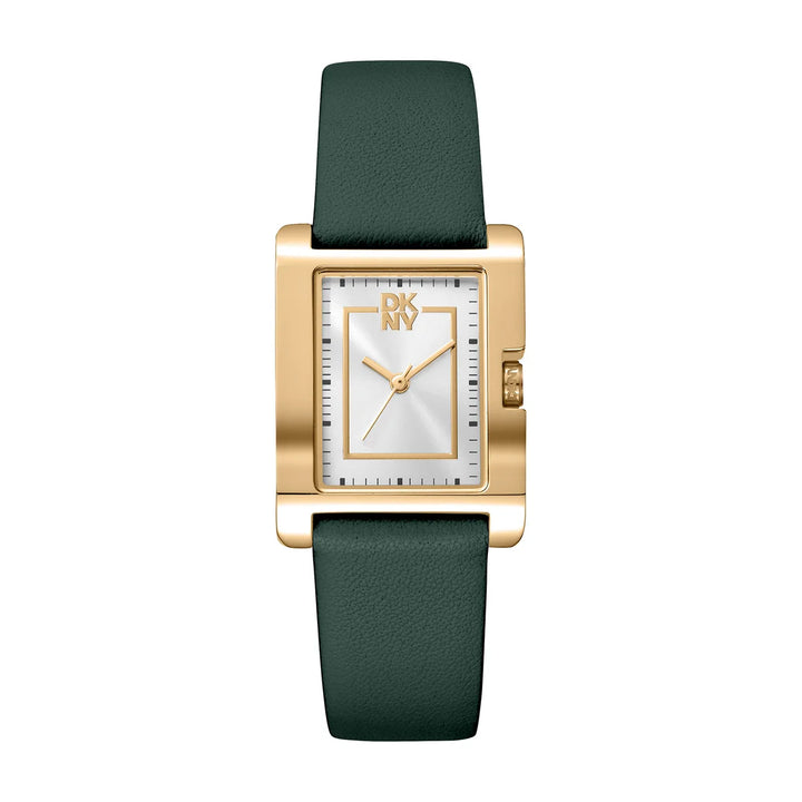 Дамски часовник DKNY Westside Midi със златист правоъгълен корпус и сребрист циферблат, зелена кожена каишка – модел DK1L007L0025