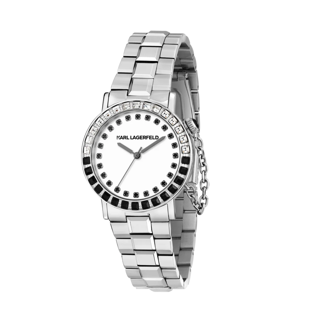Дамски часовник Karl Lagerfeld Crystals със сребриста стоманена верижка, бял циферблат и двуреден безел с кристали – модел R0553100501