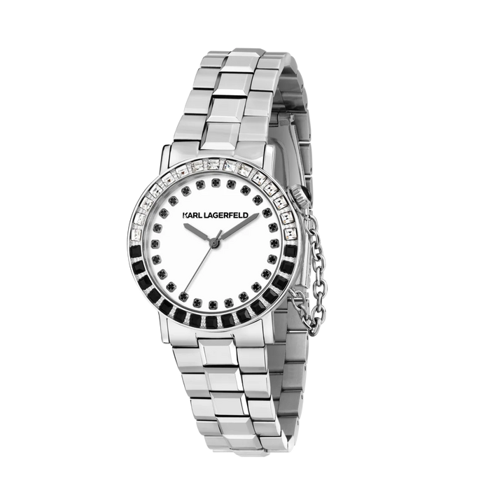 Дамски часовник Karl Lagerfeld Crystals със сребриста стоманена верижка, бял циферблат и двуреден безел с кристали – модел R0553100501