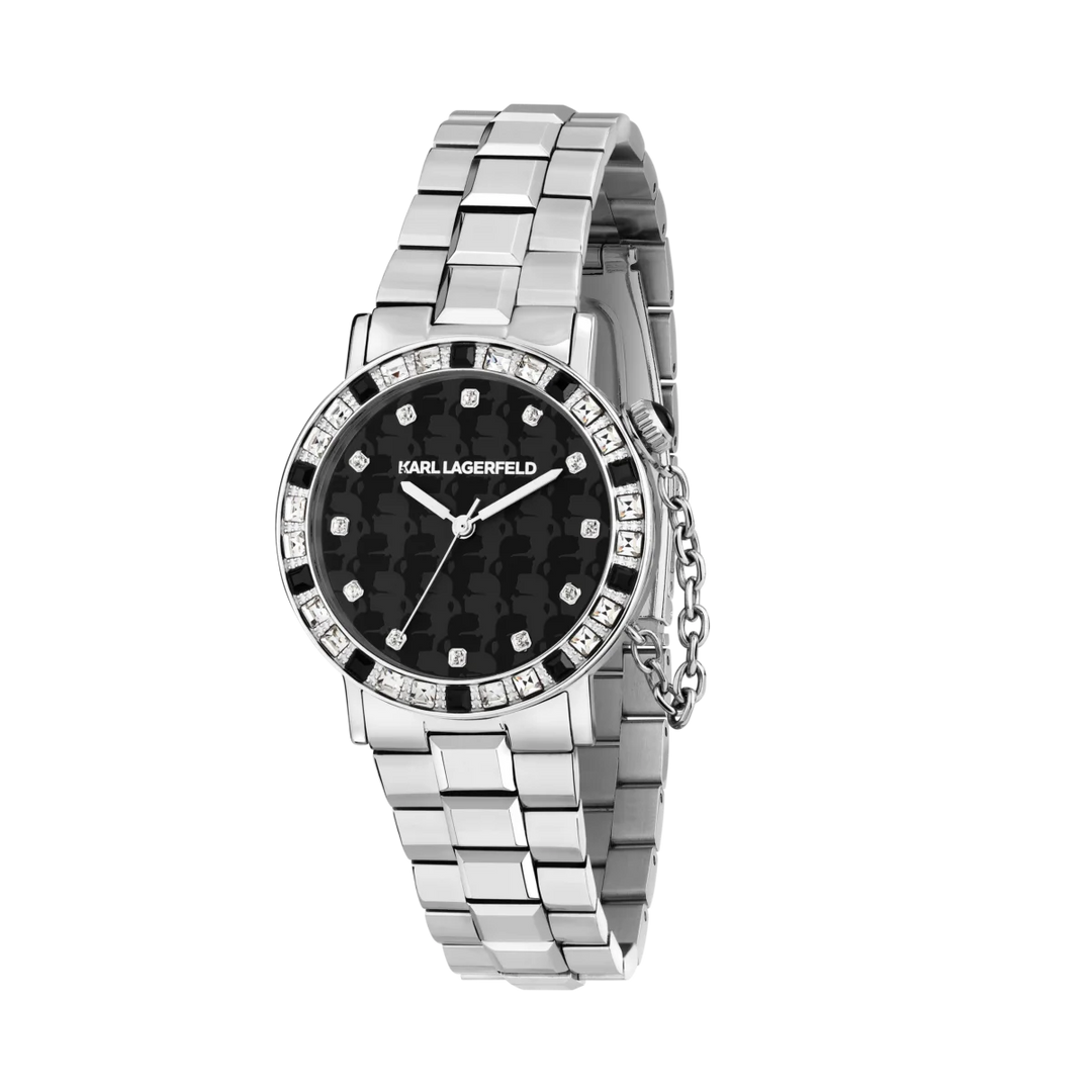 Дамски часовник Karl Lagerfeld Crystals, стоманена гривна и тъмен циферблат с кристали – модел R0553100502, изглед отпред