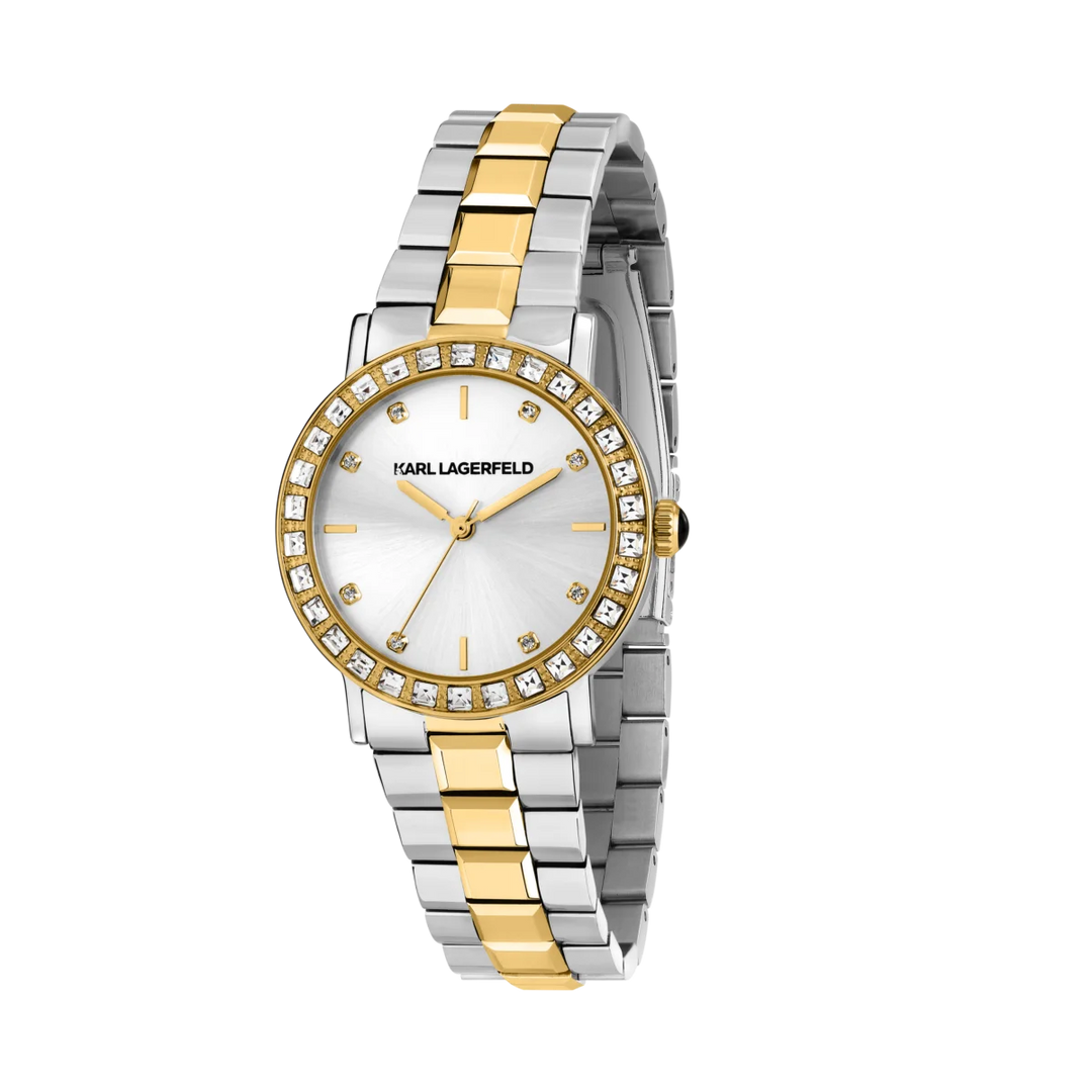 Дамски часовник Karl Lagerfeld Crystals, двуцветна стоманена гривна и сребрист циферблат с кристали – модел R0553100509, изглед отпред