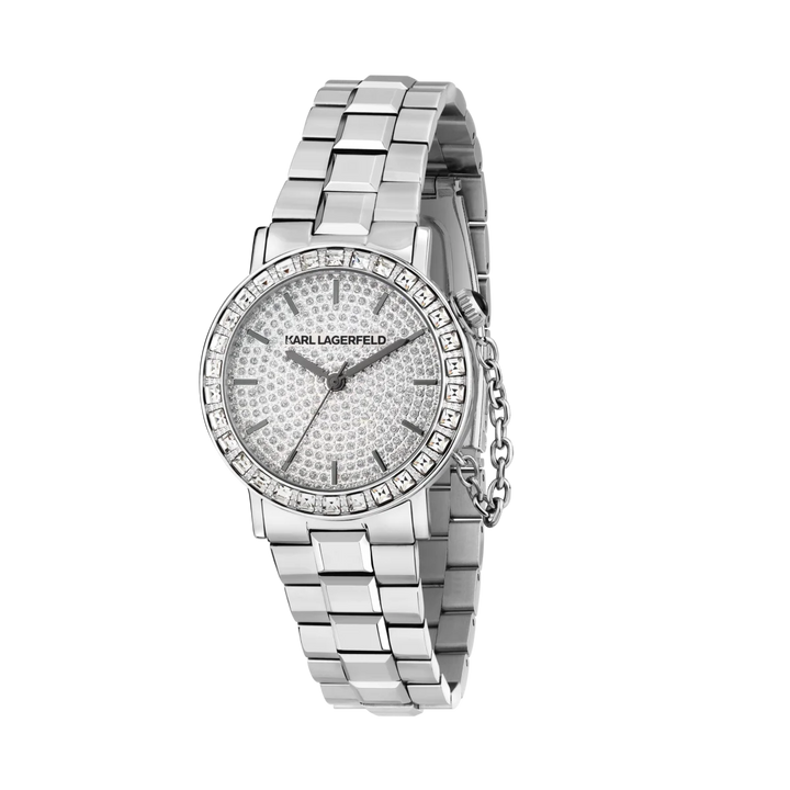 Дамски часовник Karl Lagerfeld Crystals със сребриста стоманена верижка, сребрист циферблат и безел с кристали – модел R0553100506