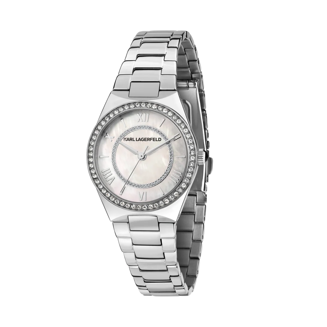 Дамски часовник Karl Lagerfeld Hamburg със сребриста стоманена верижка, бял перлен циферблат и кристали по безела – модел R0553105506
