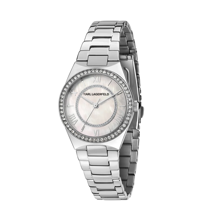 Дамски часовник Karl Lagerfeld Hamburg със сребриста стоманена верижка, бял перлен циферблат и кристали по безела – модел R0553105506
