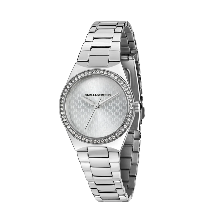 Дамски часовник Karl Lagerfeld Hamburg, стоманена гривна и сребрист циферблат с кристали по безела – модел R0553105509, изглед отпред

