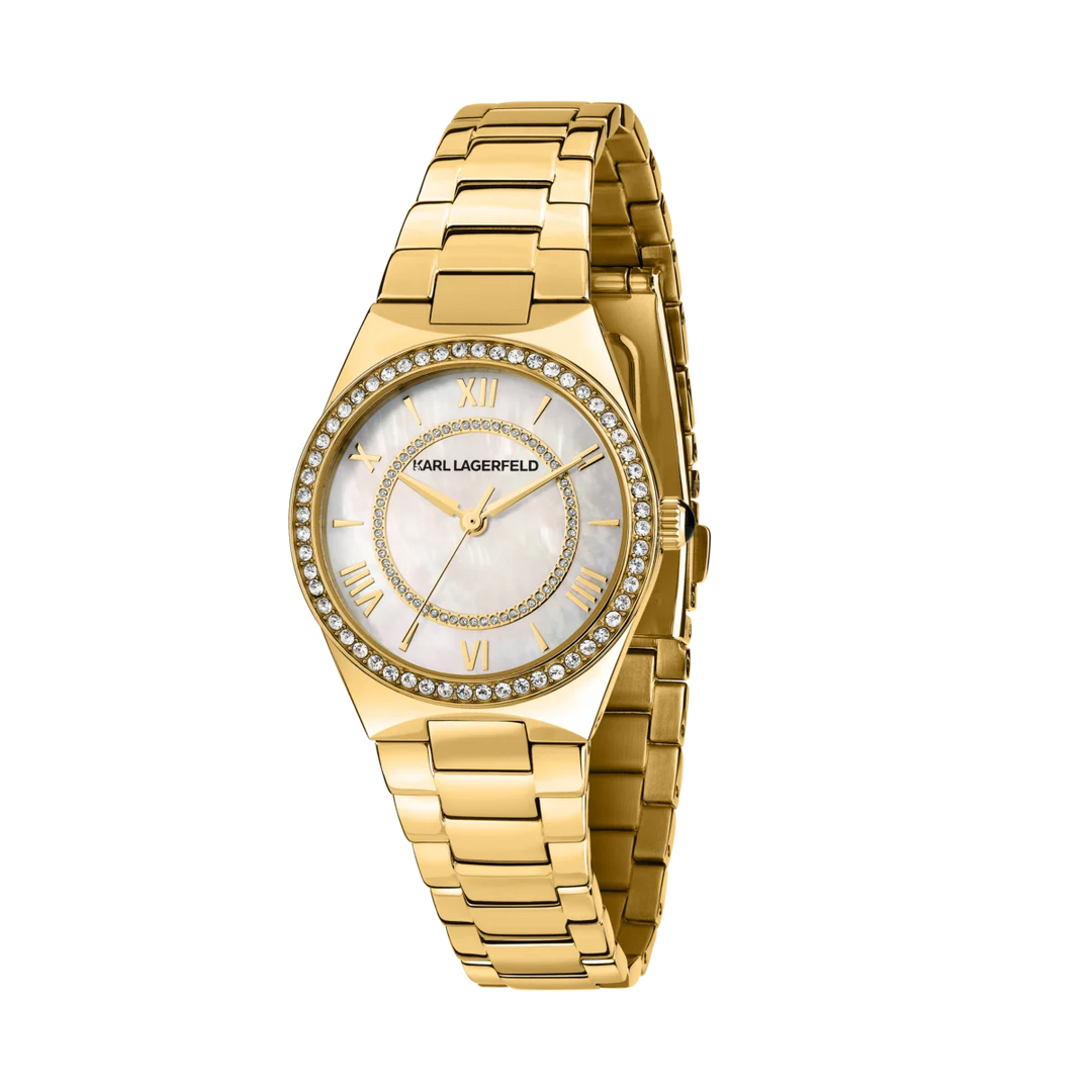 Дамски часовник Karl Lagerfeld Hamburg със златен корпус, бял перлен циферблат и кристали по безела – модел R0553105501
