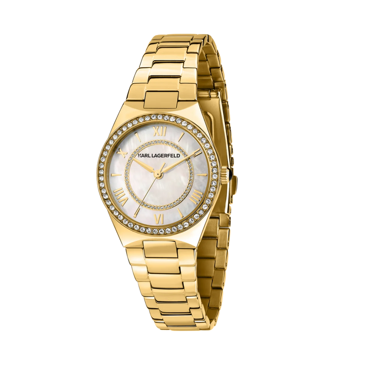 Дамски часовник Karl Lagerfeld Hamburg със златен корпус, бял перлен циферблат и кристали по безела – модел R0553105501
