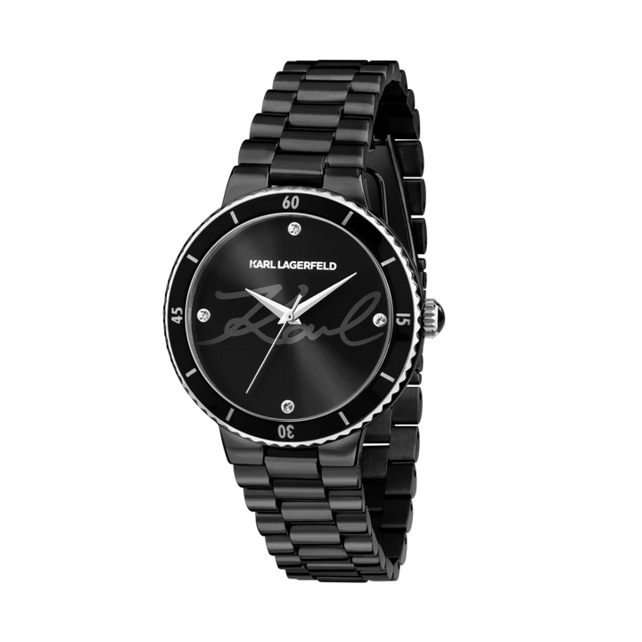 Дамски часовник Karl Lagerfeld Kaiser с черен циферблат, черна стоманена верижка и кристали – модел R0553104504, изглед отпред
