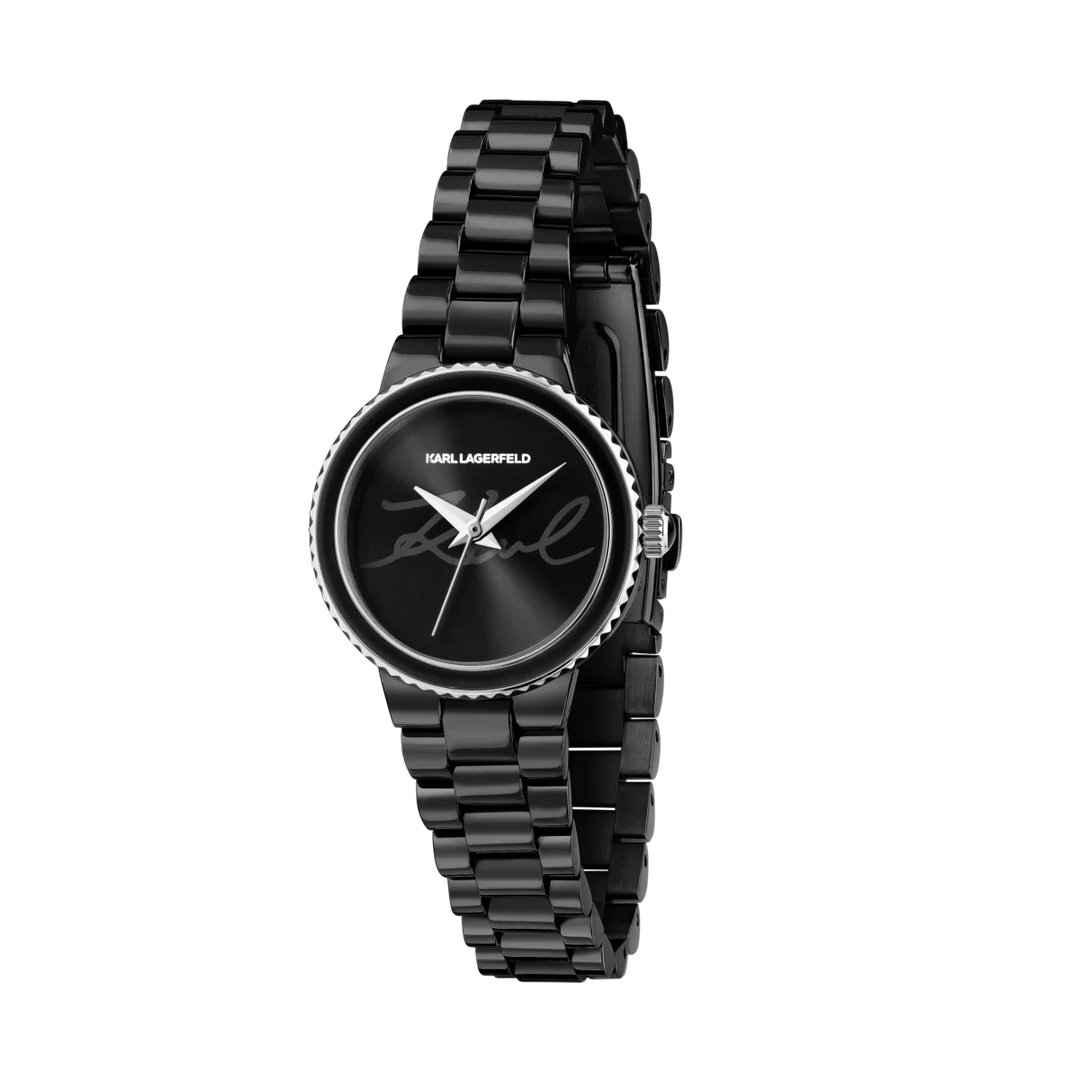Дамски часовник Karl Lagerfeld Kaiser с черен циферблат, стоманена верижка и PVD черно покритие – модел R0553104506, изглед отпред
