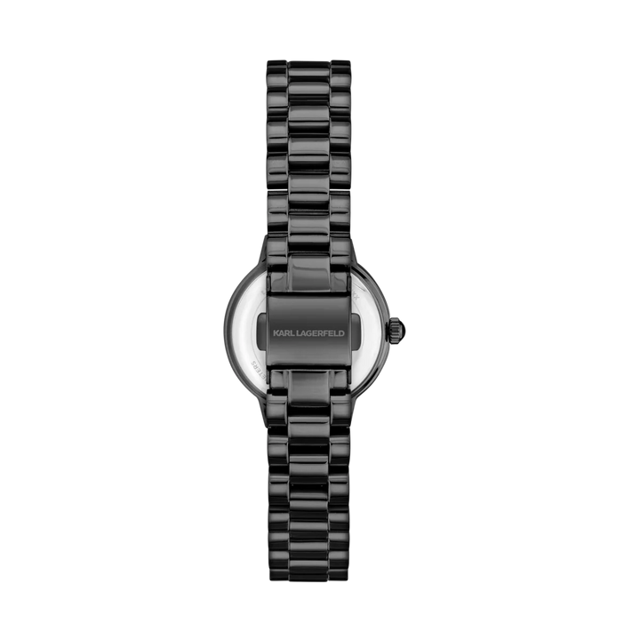 Дамски часовник Karl Lagerfeld Kaiser, детайлен изглед на черния безел и циферблат с подпис Karl – модел R0553104506
