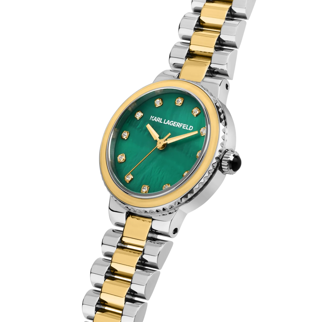Дамски часовник Karl Lagerfeld Kaiser, детайлен изглед на зеления MOP циферблат и златистите индекси с кристали – модел R0553104511
