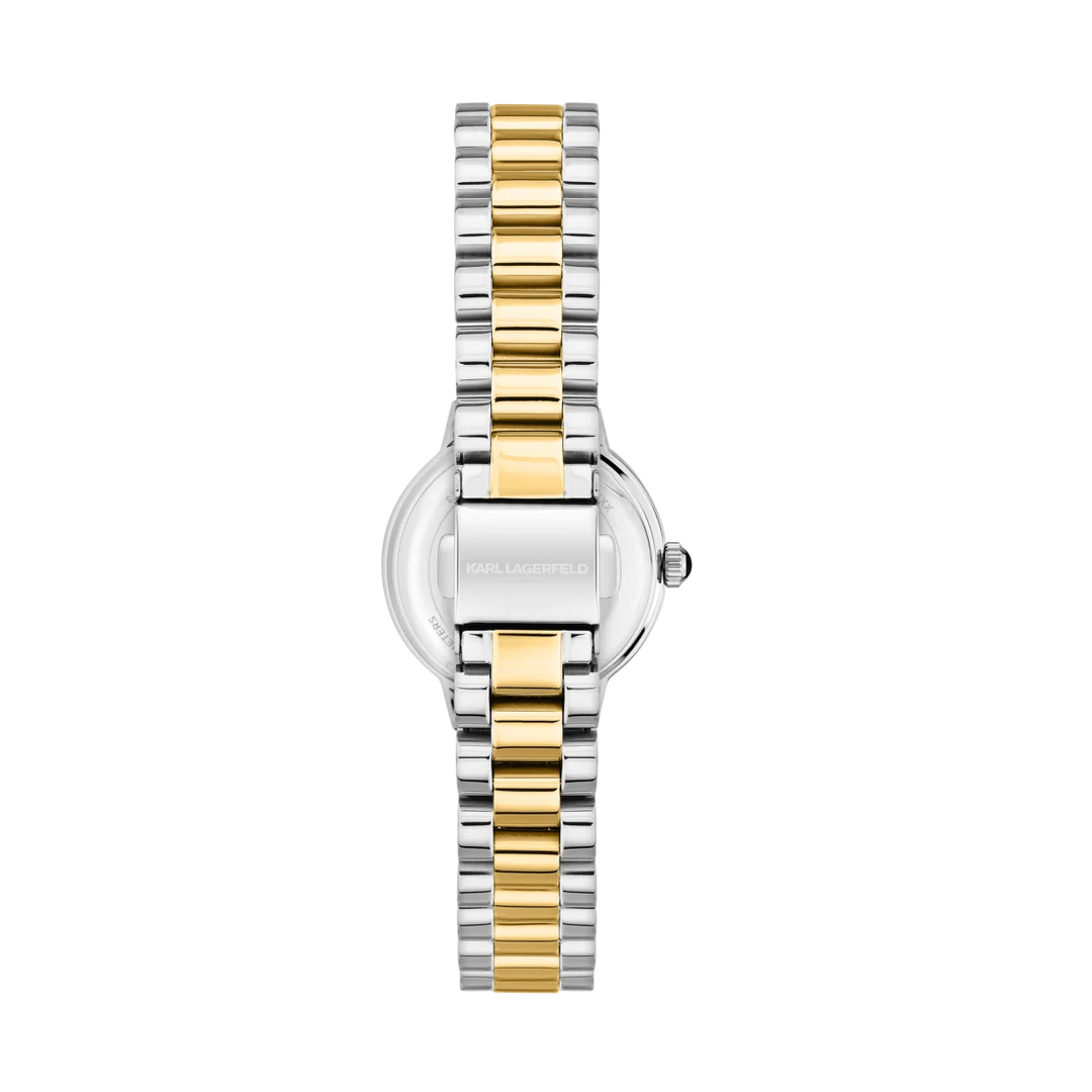 Дамски часовник Karl Lagerfeld Kaiser, двуцветна стоманена верижка с разгъваща се закопчалка и лого – модел R0553104511

