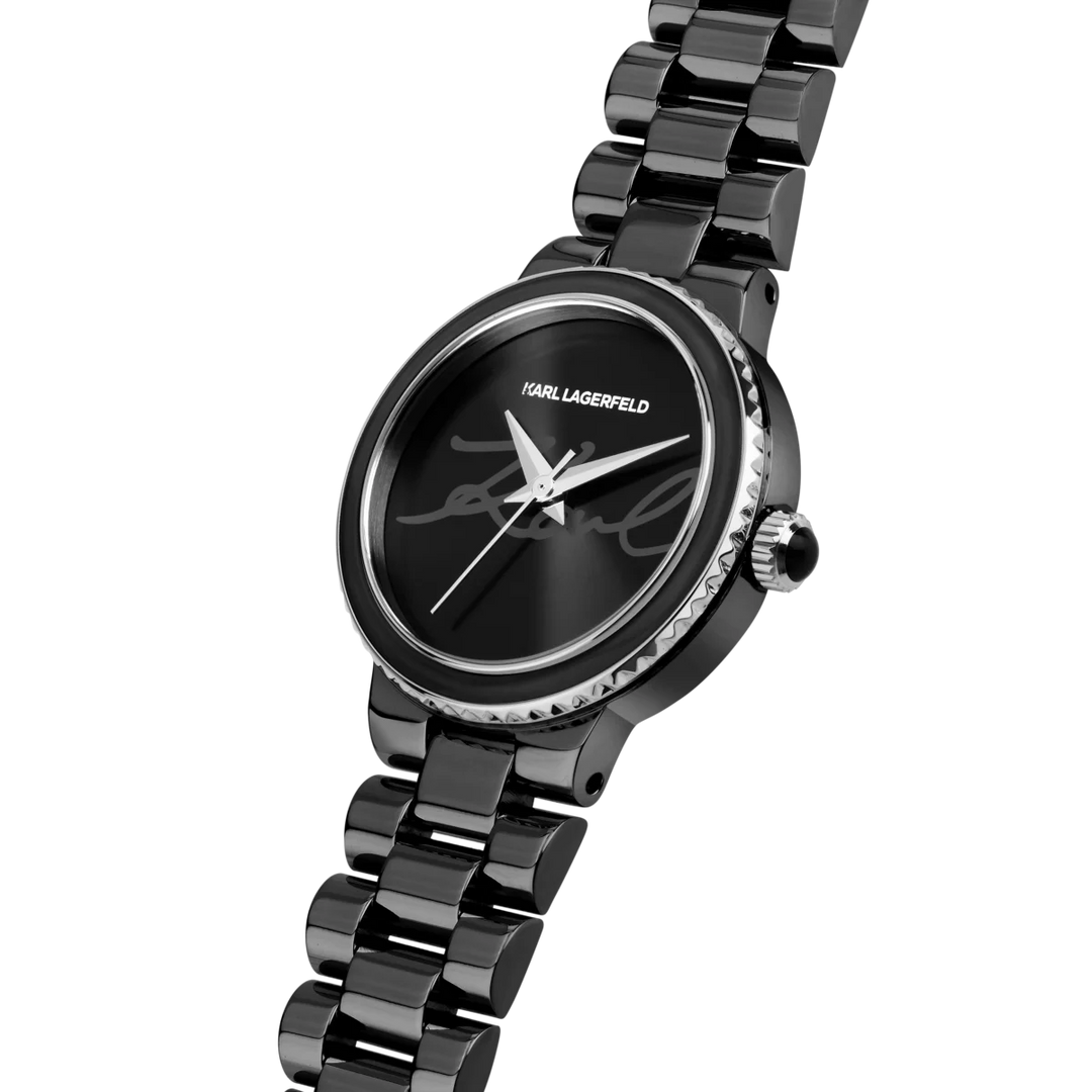 Дамски часовник Karl Lagerfeld Kaiser, тънък страничен профил на черния корпус и верижката – модел R0553104506
