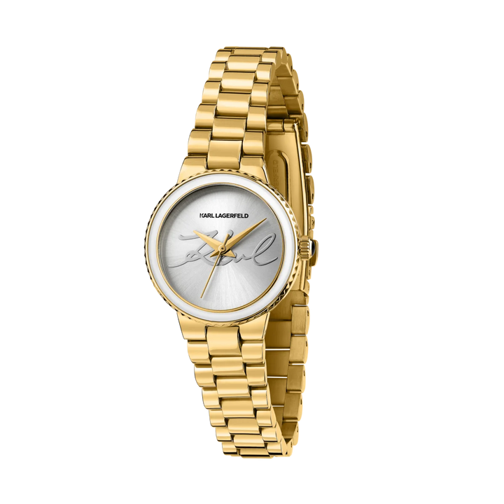 Дамски часовник Karl Lagerfeld Kaiser в златисто – профилен изглед на тънкия корпус и верижката, модел R0553104508
