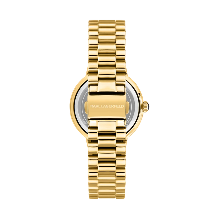 Дамски часовник Karl Lagerfeld Kaiser, златиста стоманена верижка с разгъваща се закопчалка и гравирано лого – модел R0553104501
