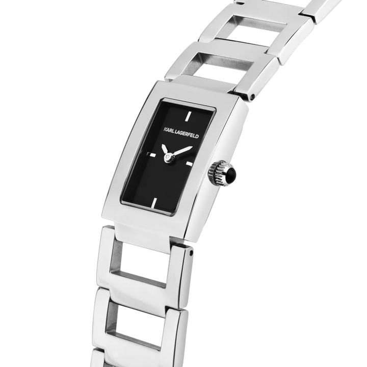 Детайлен кадър на дамски часовник Karl Lagerfeld Paris с черен sunray циферблат и полирана стомана – модел R0553103506
