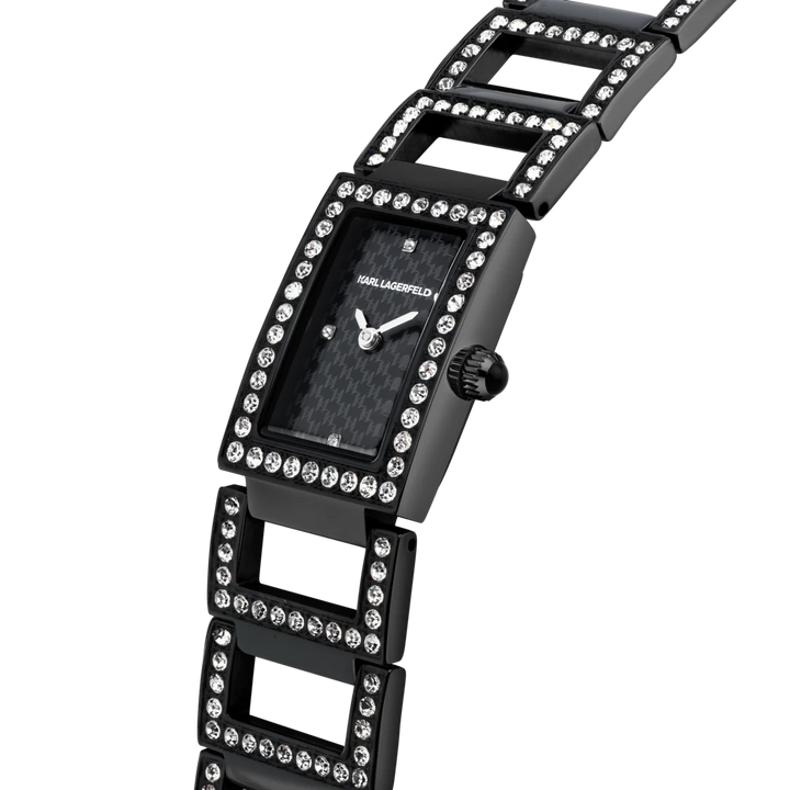 Дамски часовник KARL LAGERFELD Paris, детайл на правоъгълния корпус и отворената гривна с кристали – модел R0553103501
