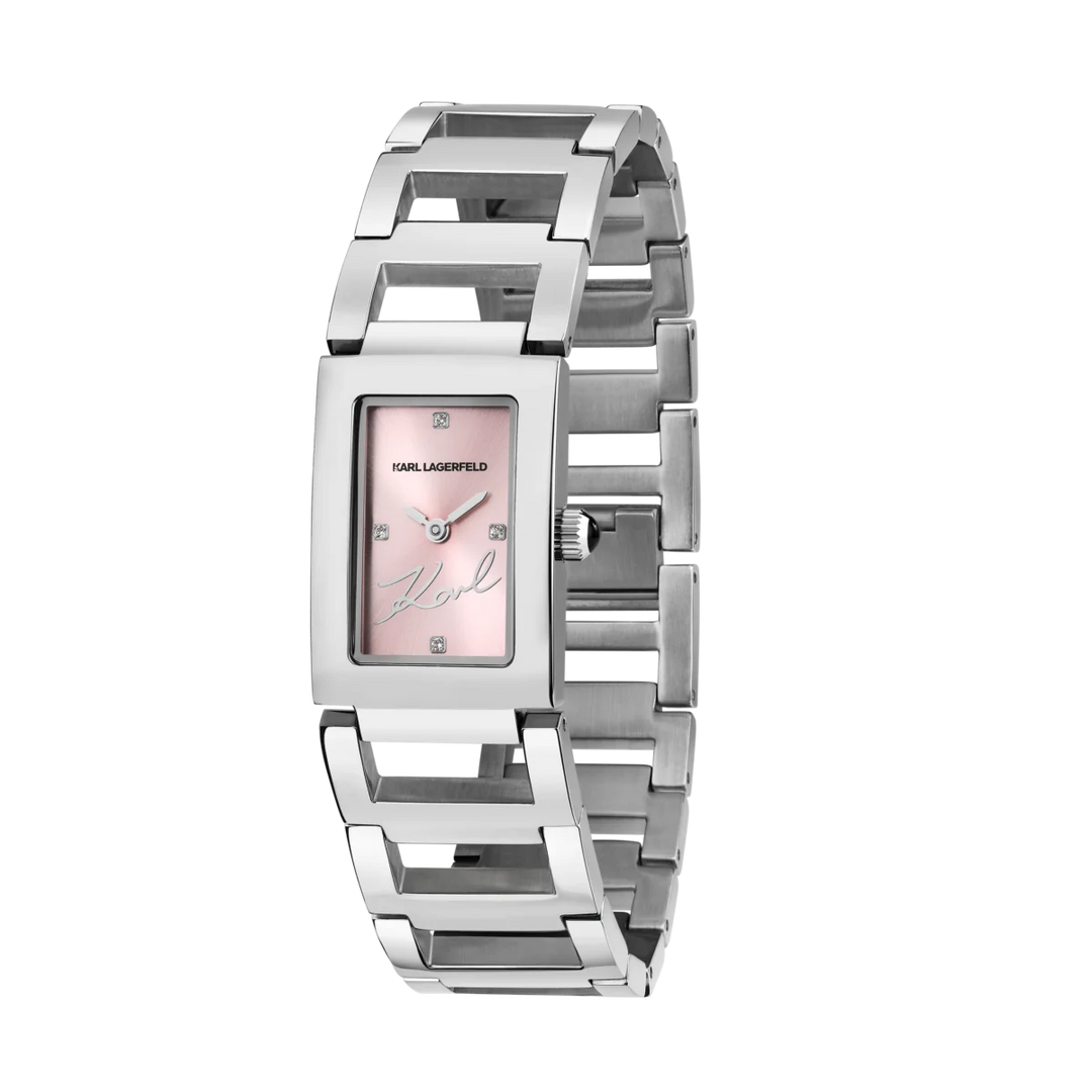 Дамски часовник Karl Lagerfeld Paris с розов правоъгълен циферблат и стоманена верижка – модел R0553103505, изглед отпред
