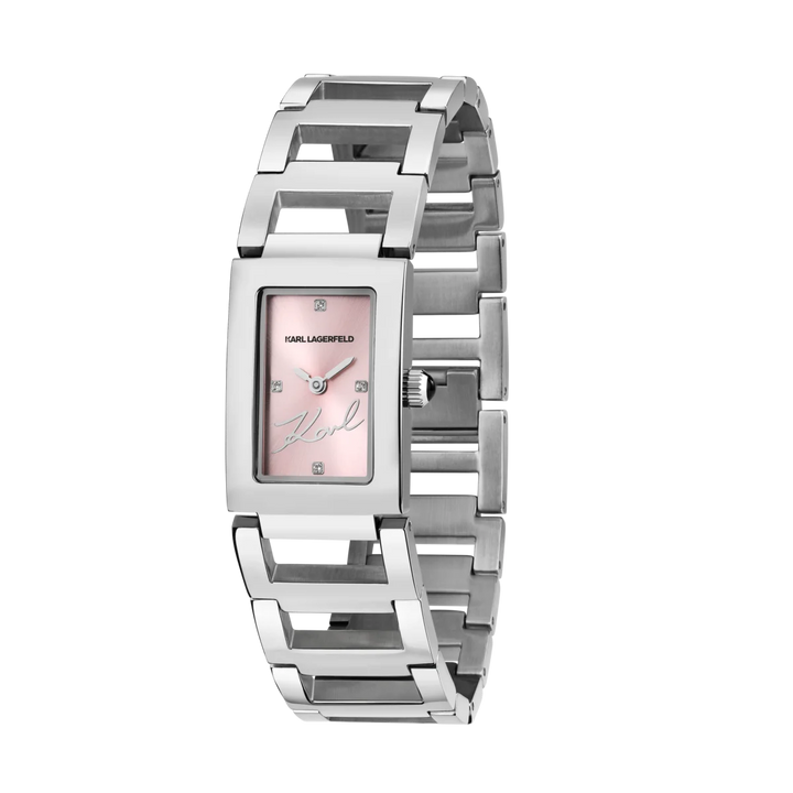 Дамски часовник Karl Lagerfeld Paris с розов правоъгълен циферблат и стоманена верижка – модел R0553103505, изглед отпред
