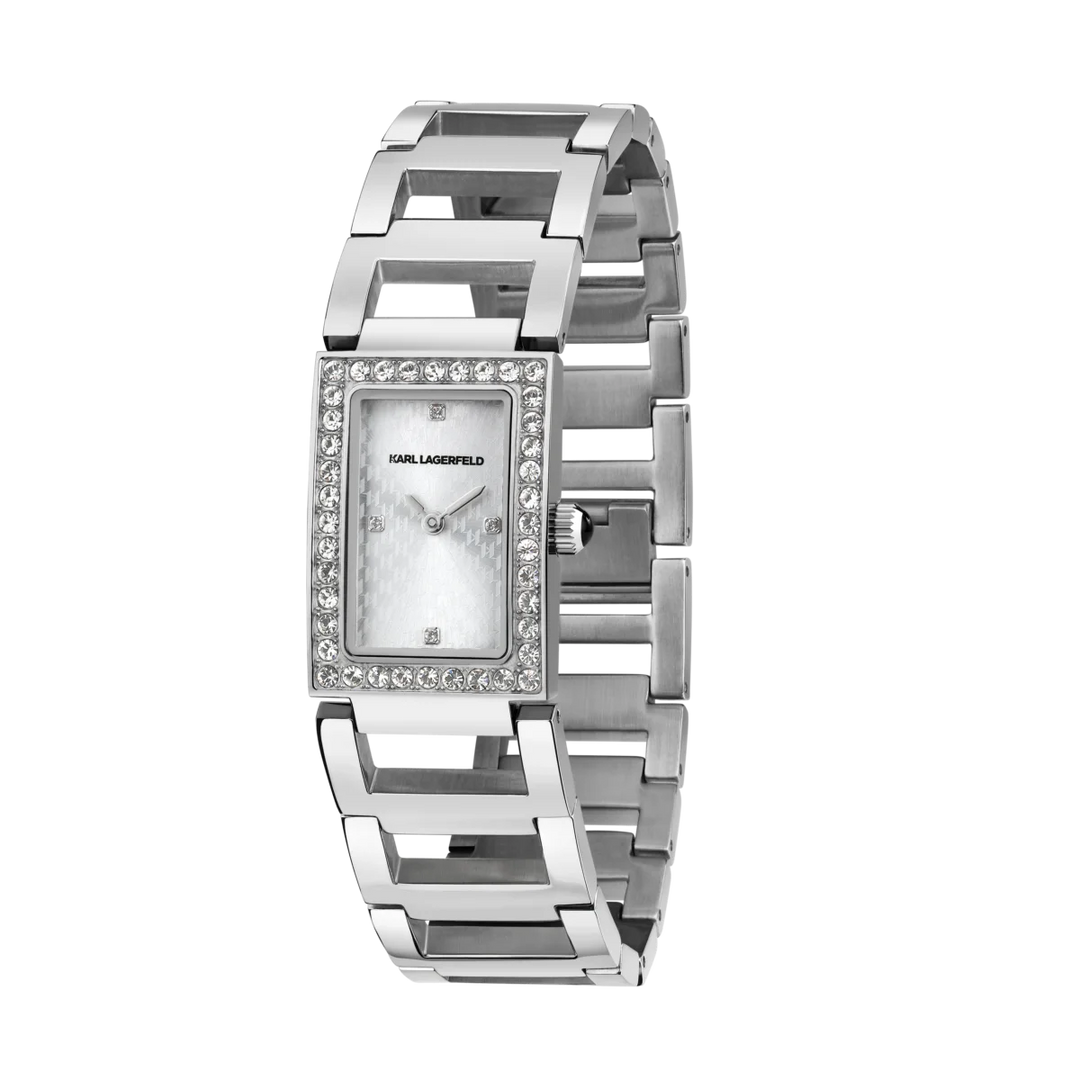 Дамски часовник KARL LAGERFELD Paris със сребрист циферблат, стоманена гривна и рамка с кристали – модел R0553103504, изглед отпред