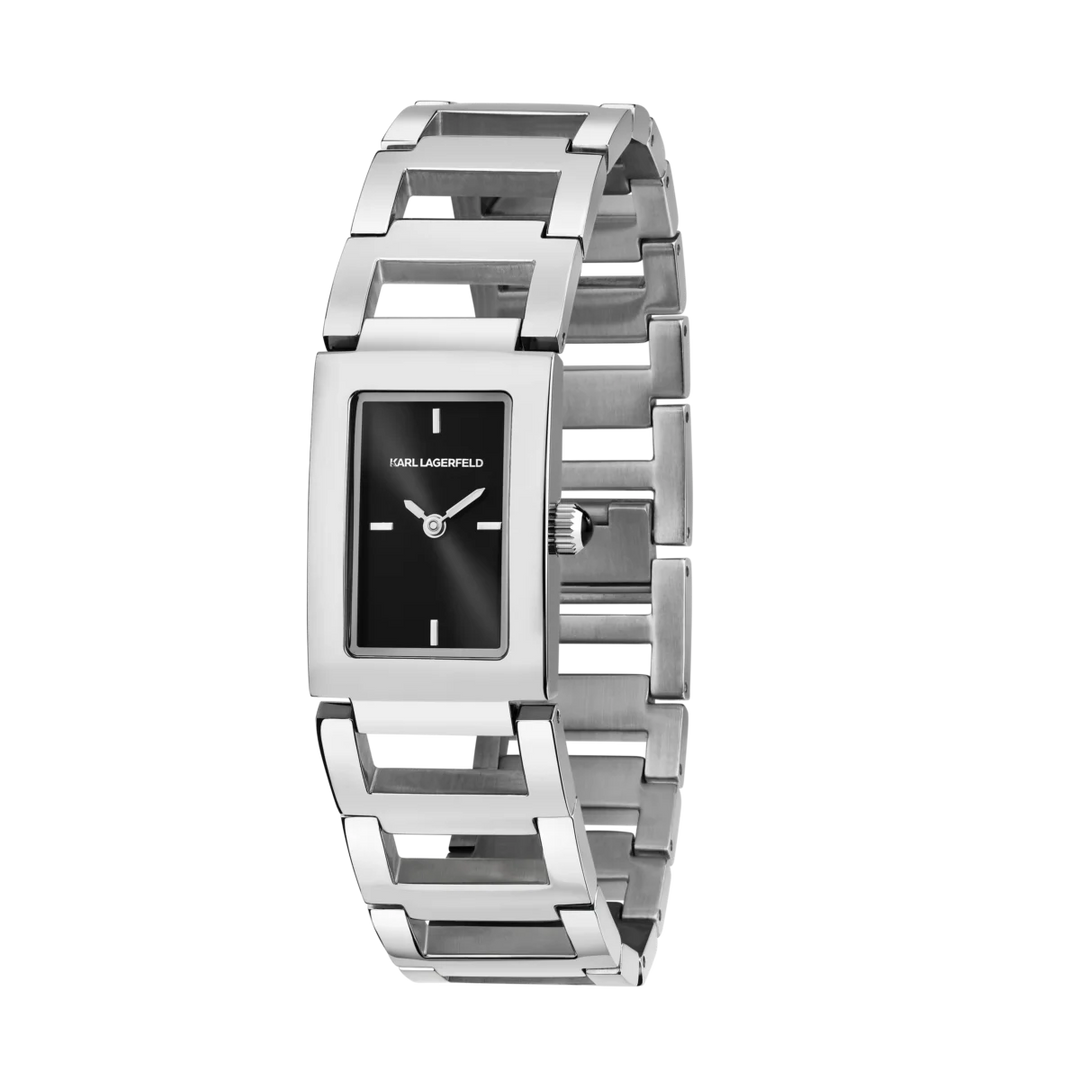 Дамски часовник Karl Lagerfeld Paris със сребриста верижка и черен правоъгълен циферблат – модел R0553103506
