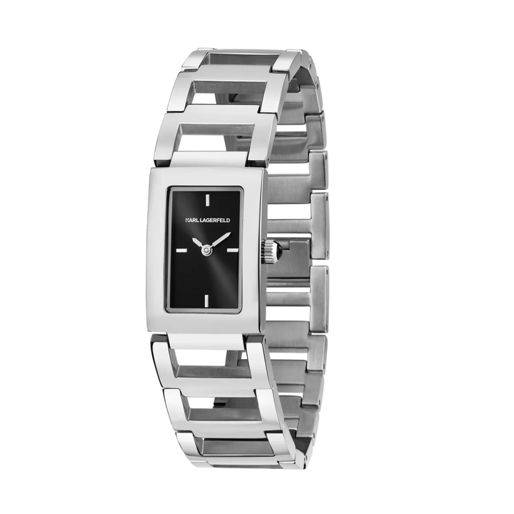 Дамски часовник Karl Lagerfeld Paris със сребриста верижка и черен правоъгълен циферблат – модел R0553103506
