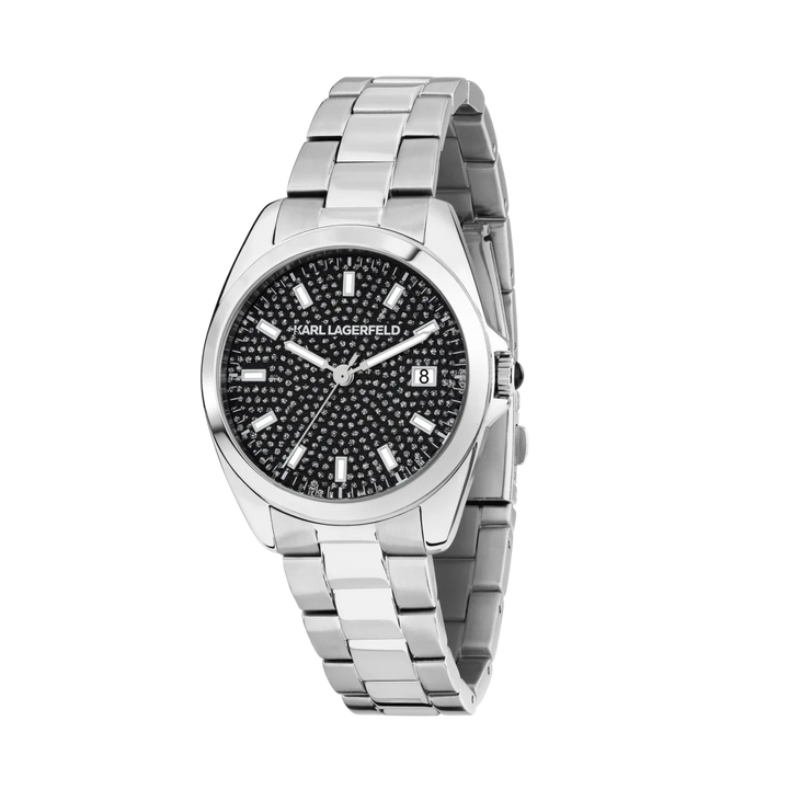 Дамски часовник Karl Lagerfeld Round Essentials, стоманена гривна и черен циферблат Diamond Dust с дата – модел R0553101508, изглед отпред