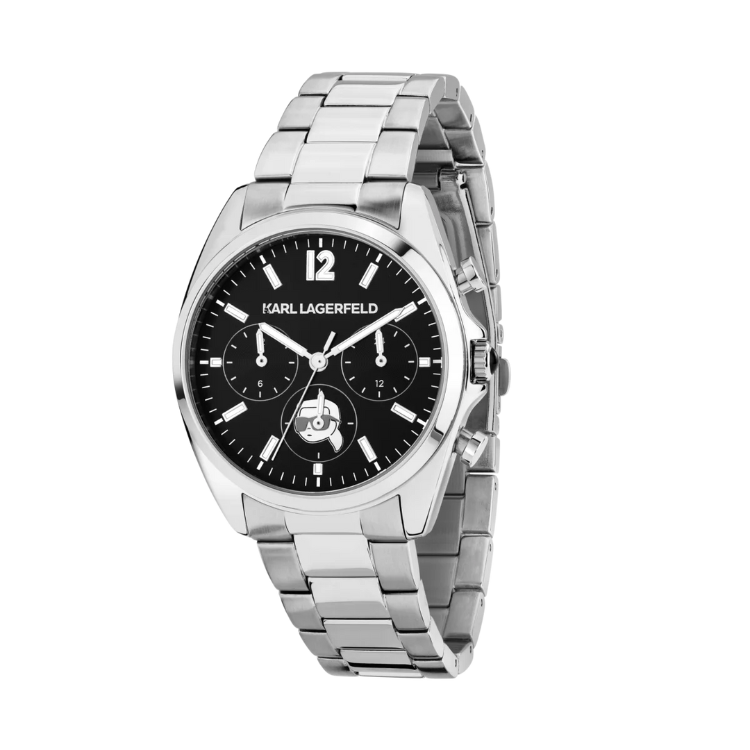 Дамски часовник Karl Lagerfeld Round Essentials, сребриста стоманена верижка и черен мултифункционален циферблат – модел R0553101504, изглед отпред