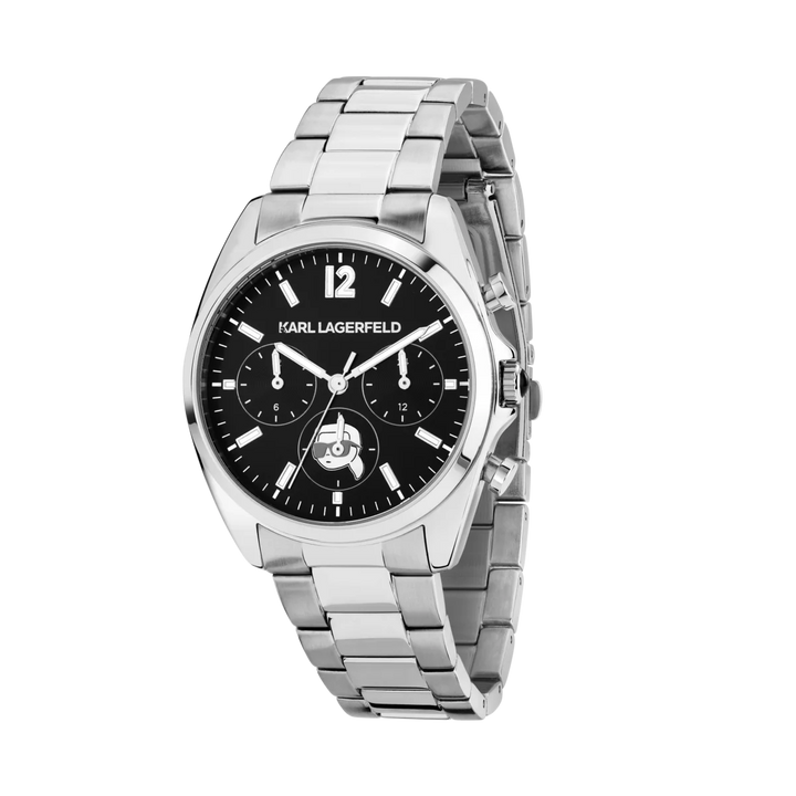 Дамски часовник Karl Lagerfeld Round Essentials, сребриста стоманена верижка и черен мултифункционален циферблат – модел R0553101504, изглед отпред