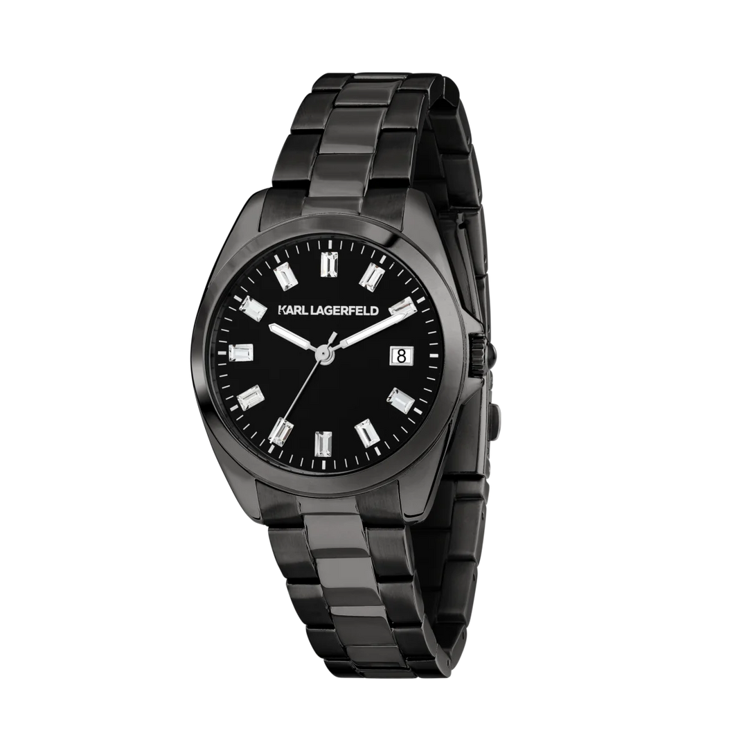 Дамски часовник Karl Lagerfeld Round Essentials с черен PVD корпус, черен циферблат и дата – модел R0553101513, изглед отпред