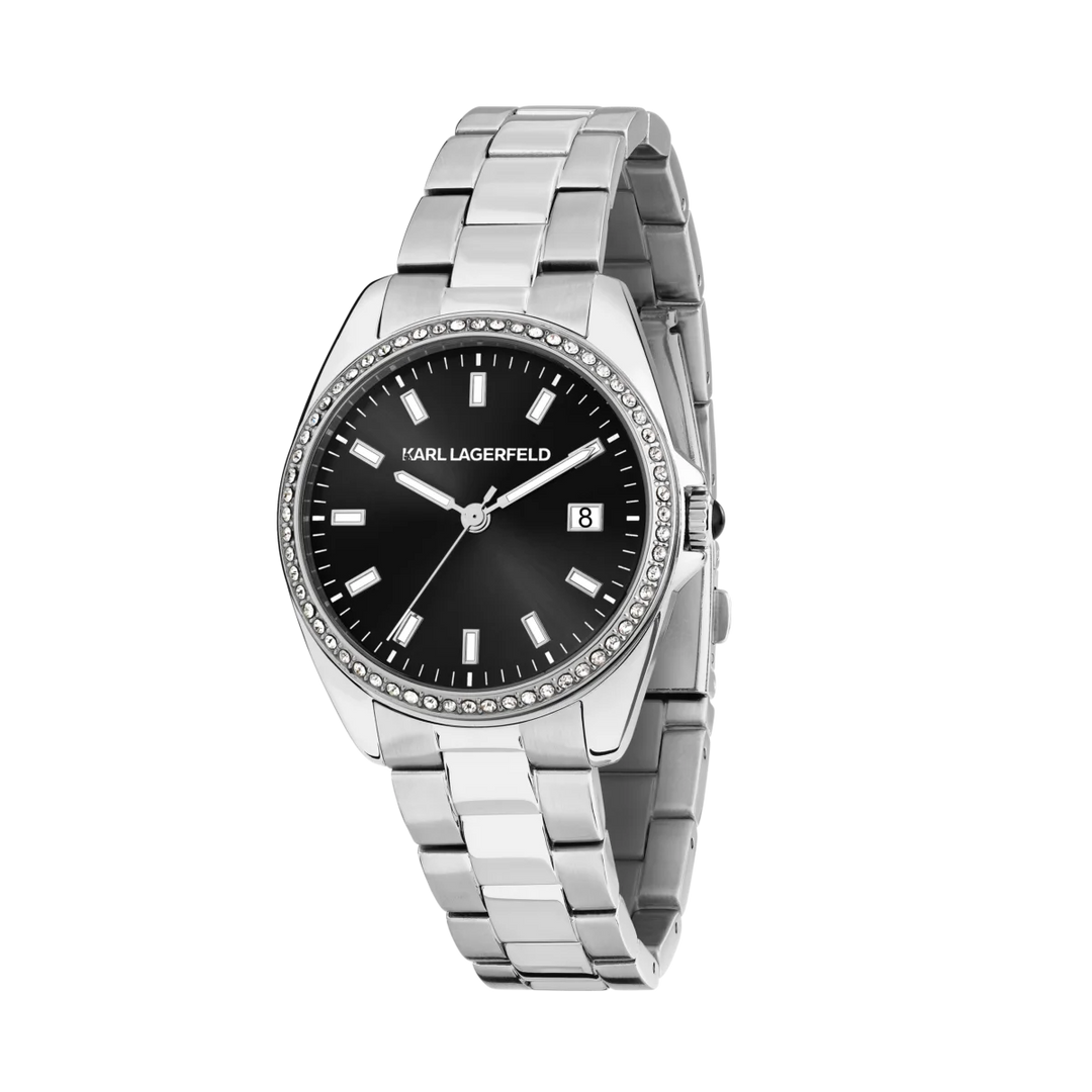 Дамски часовник KARL LAGERFELD Round Essentials, стоманена гривна и черен циферблат с кристали – модел R0553101511, изглед отпред