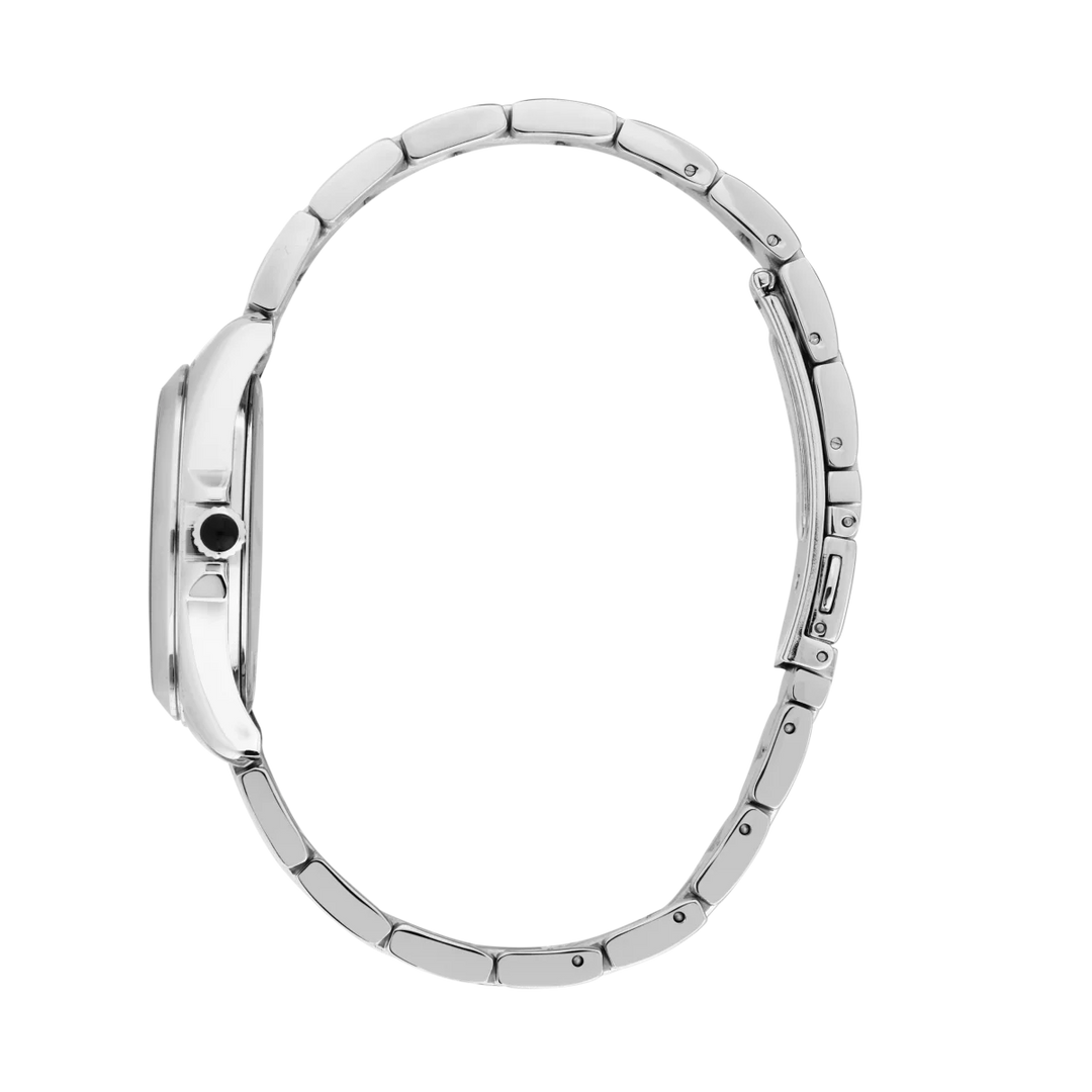 Дамски часовник Karl Lagerfeld Round Essentials, страничен профил на сребристия стоманен корпус и гривната – модел R0553101514