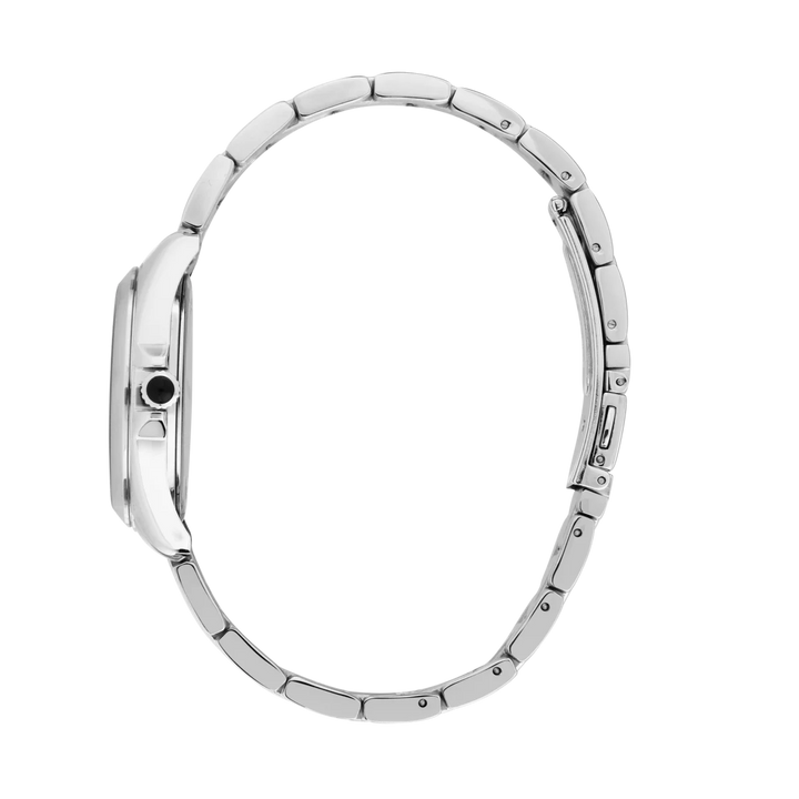 Дамски часовник Karl Lagerfeld Round Essentials, страничен профил на сребристия стоманен корпус и гривната – модел R0553101514