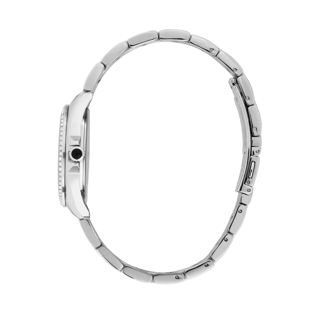 Дамски часовник KARL LAGERFELD Round Essentials, страничен профил на сребристия стоманен корпус и верижката – модел R0553101511