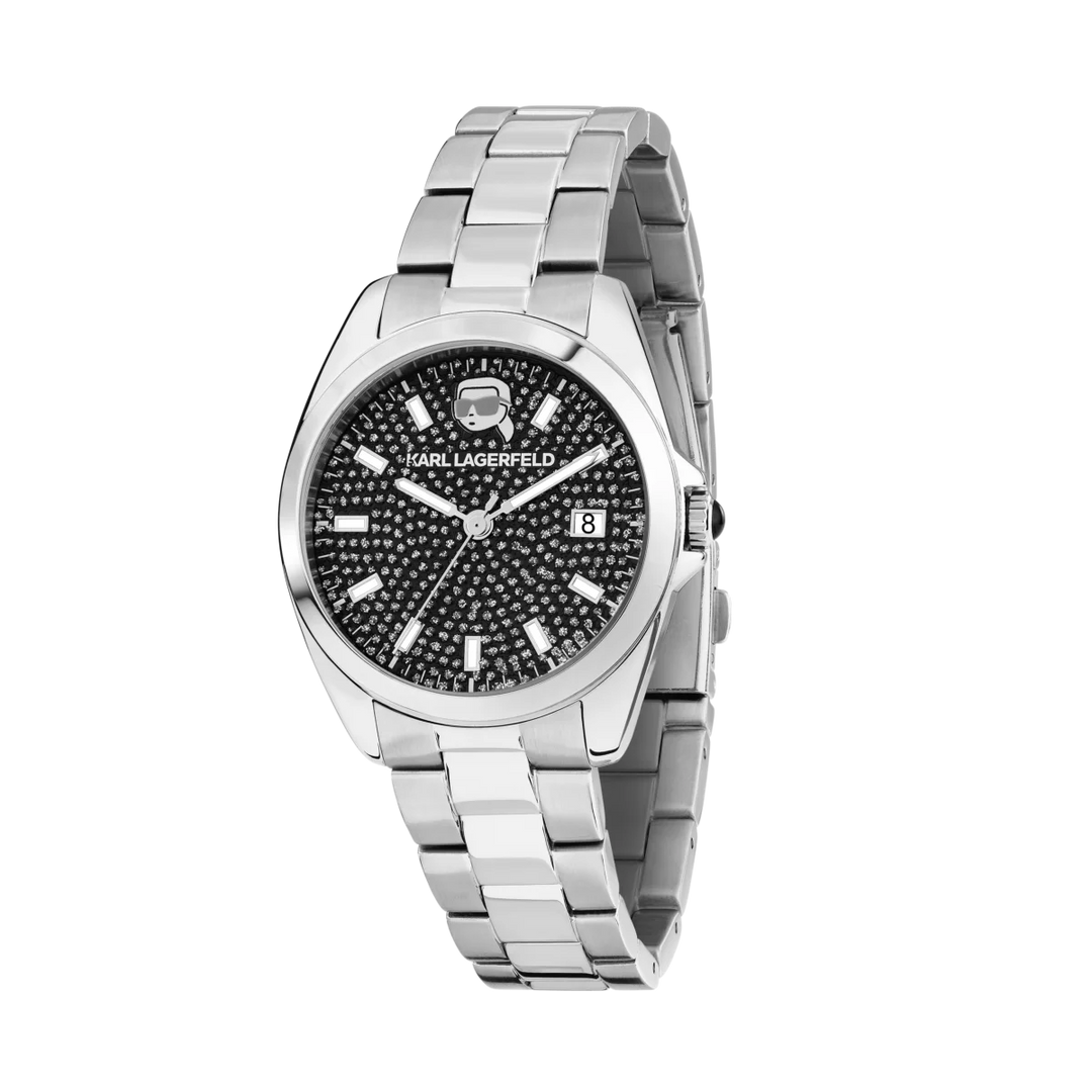 Дамски часовник Karl Lagerfeld Round Essentials със сребриста стоманена верижка и черен циферблат diamond dust – модел R0553101515
