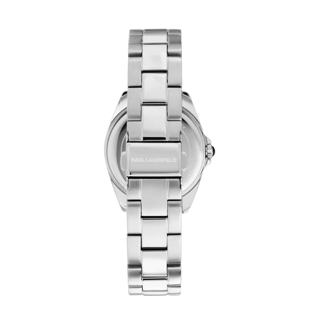 Дамски часовник KARL LAGERFELD Round Essentials, стоманена гривна със закопчалка тип пеперуда и гравирано лого – модел R0553101511