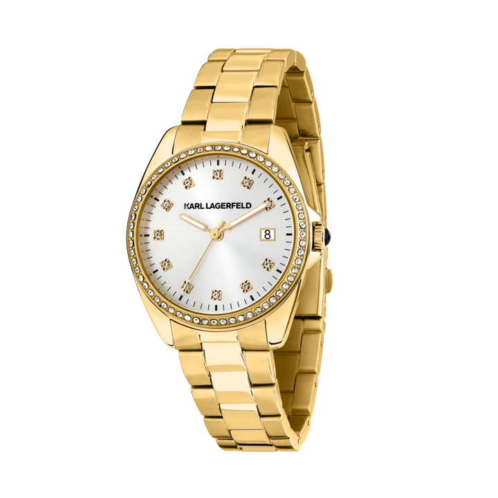 Дамски часовник Karl Lagerfeld Round Essentials със златиста стоманена верижка, сребрист циферблат и дата – модел R0553101505