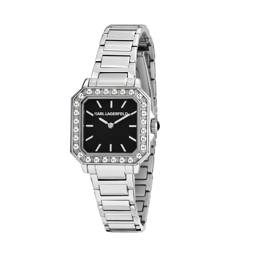 Дамски часовник Karl Lagerfeld Square Classics с черен циферблат, стоманена верижка и кристален безел – модел R0553102502