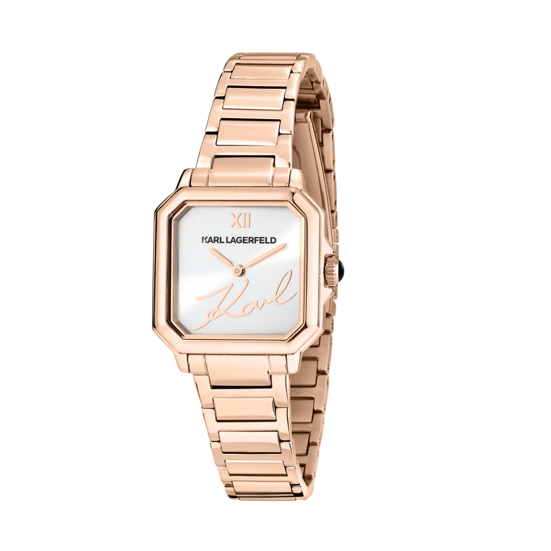 Дамски часовник Karl Lagerfeld Square Classics, розово-златист корпус и сребрист циферблат – модел R0553102509, изглед отпред