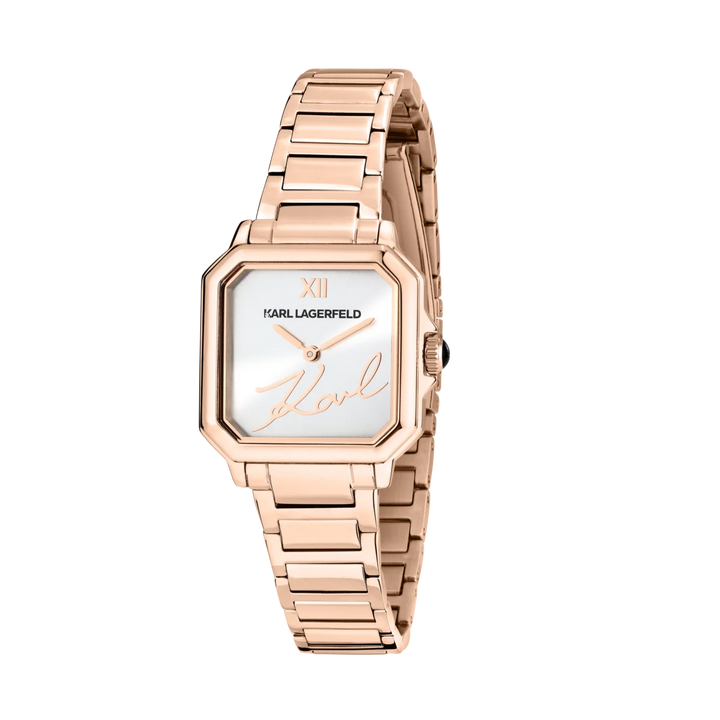Дамски часовник Karl Lagerfeld Square Classics, розово-златист корпус и сребрист циферблат – модел R0553102509, изглед отпред