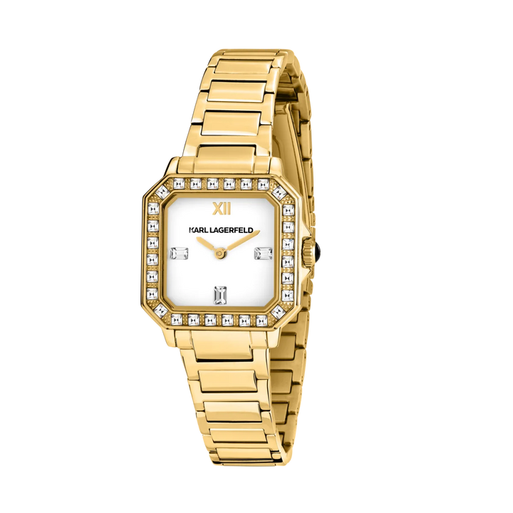 Дамски часовник Karl Lagerfeld Square Classics със златиста стоманена верижка, бял циферблат и безел с кристали – модел R0553102501