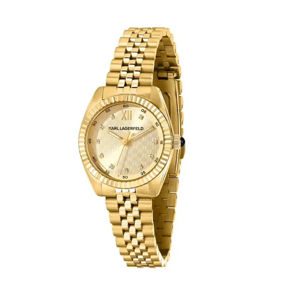 Дамски часовник KARL LAGERFELD Timeless Code Mini със златно PVD покритие и диаманти, стоманена верижка в златист тон, златист циферблат