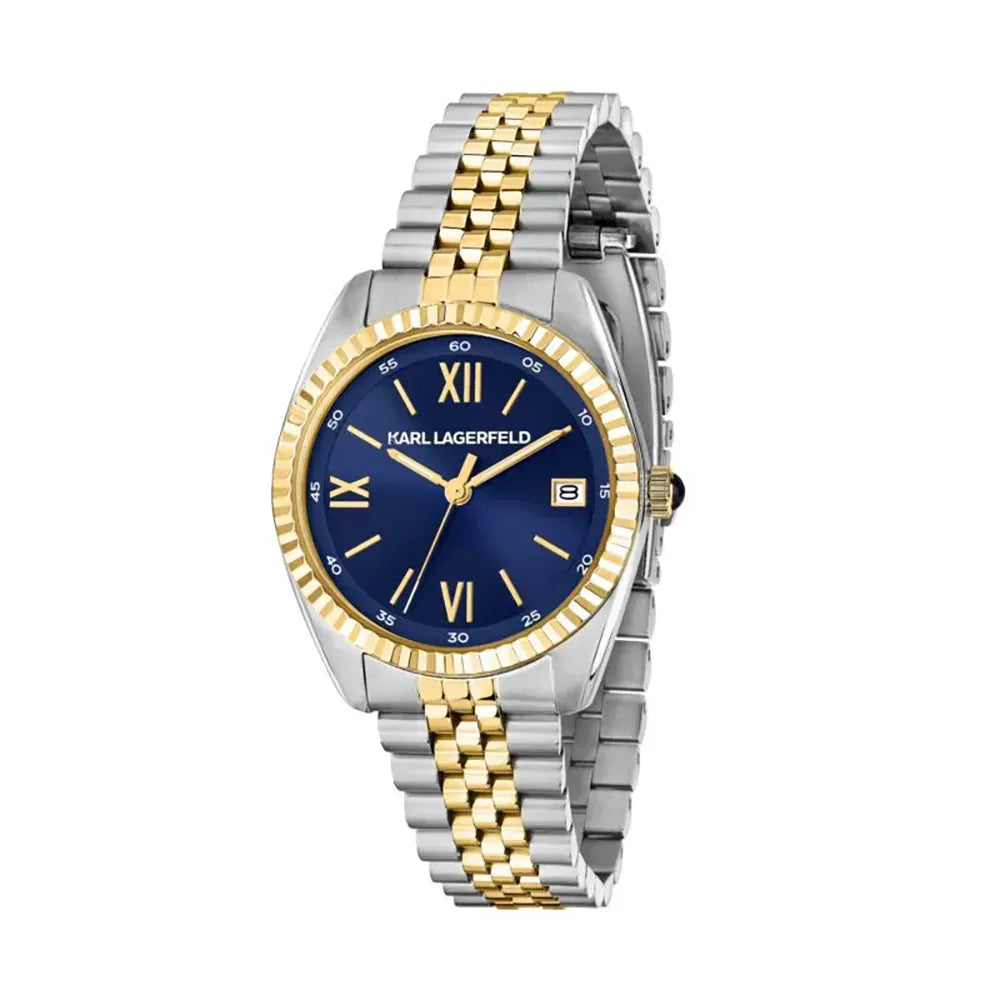 Дамски часовник KARL LAGERFELD Timeless Code със златно PVD покритие и син циферблат със sunray ефект, стоманена верижка в златист тон