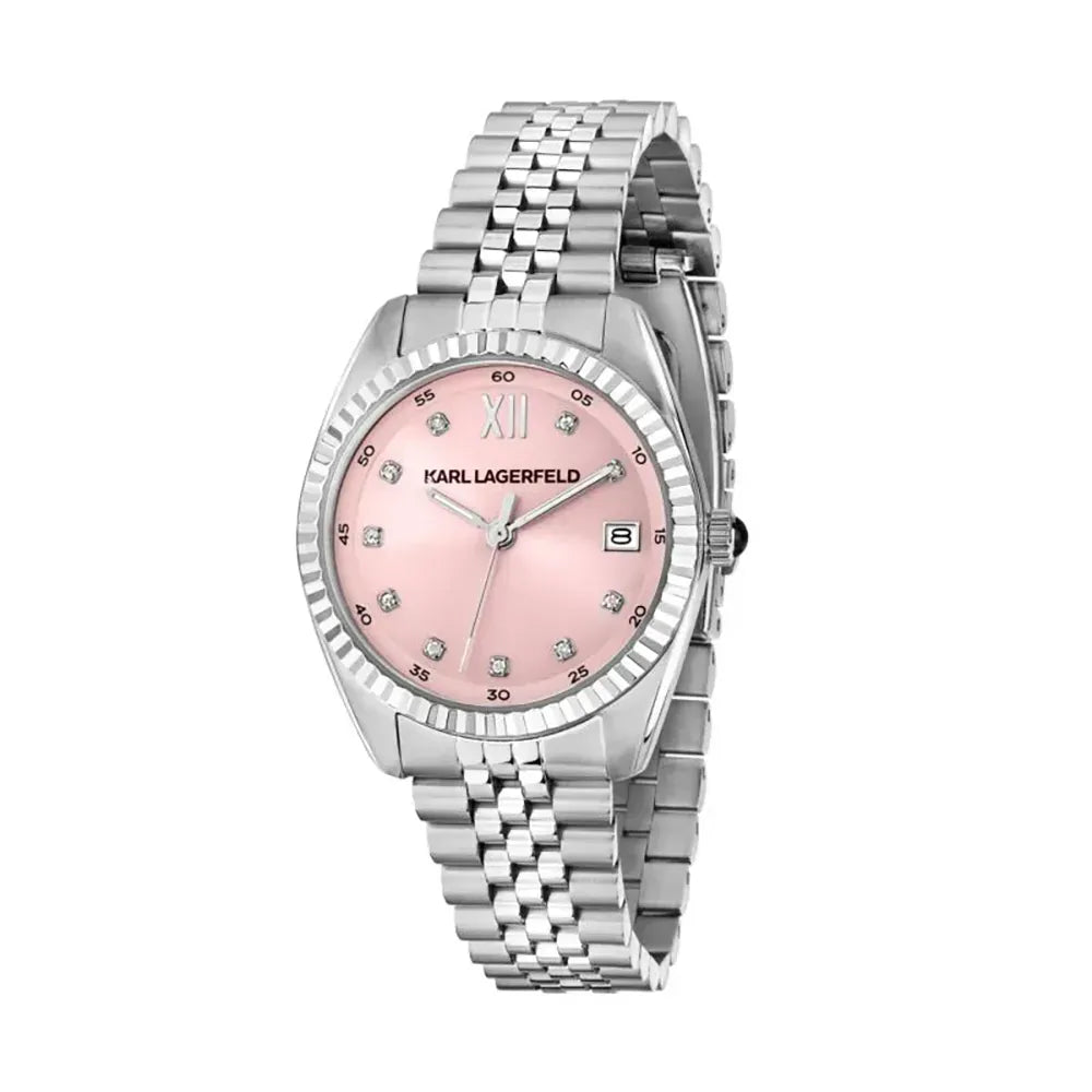 Дамски часовник KARL LAGERFELD Timeless Code със стоманена верижка в сребрист цвят и pink, sunray циферблат със sunray ефект