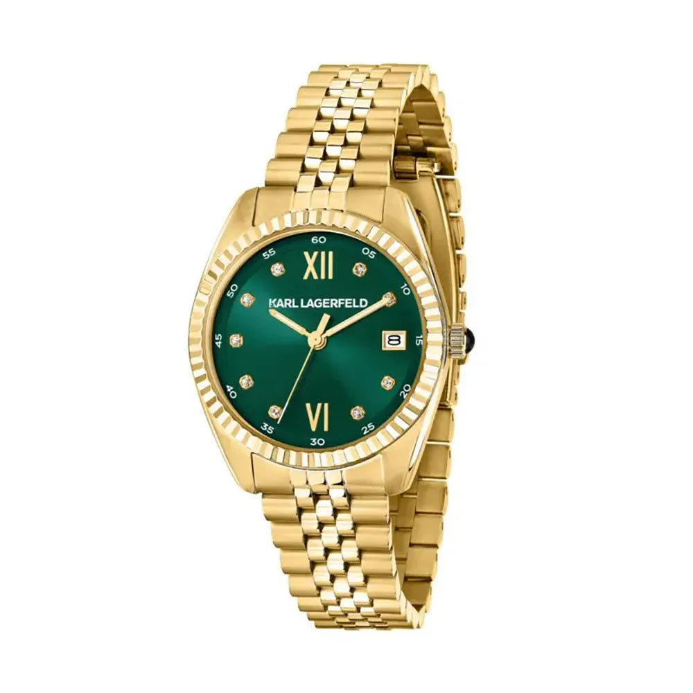 Дамски часовник KARL LAGERFELD Timeless Code със златно PVD покритие и зелен циферблат със sunray ефект, стоманена верижка в златист тон